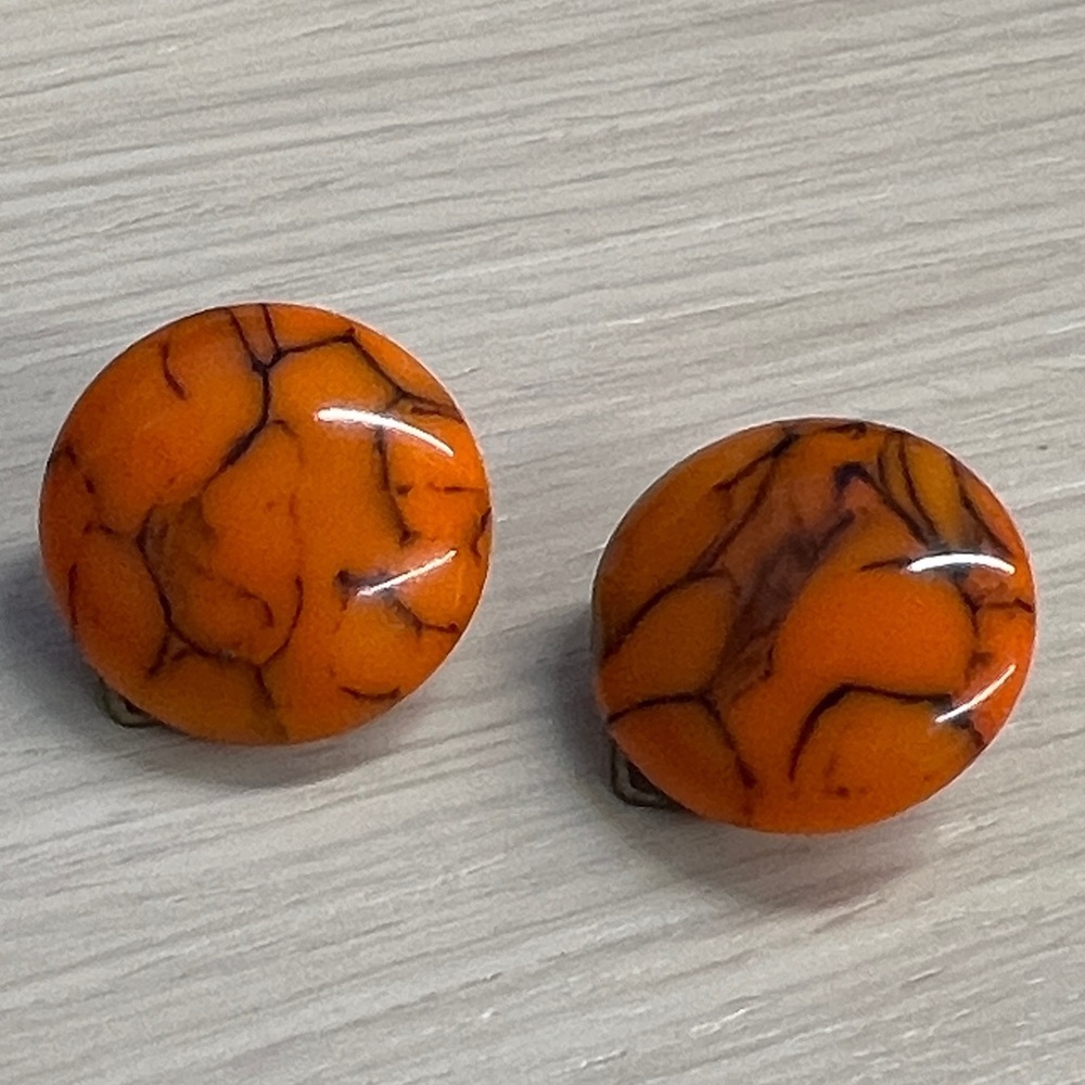 Orange Black Marble Natural Stone Vintage Clip Earrings